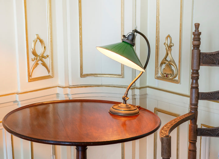 Antique Brass Table Lamp With Green Enamel Shade, 1920s