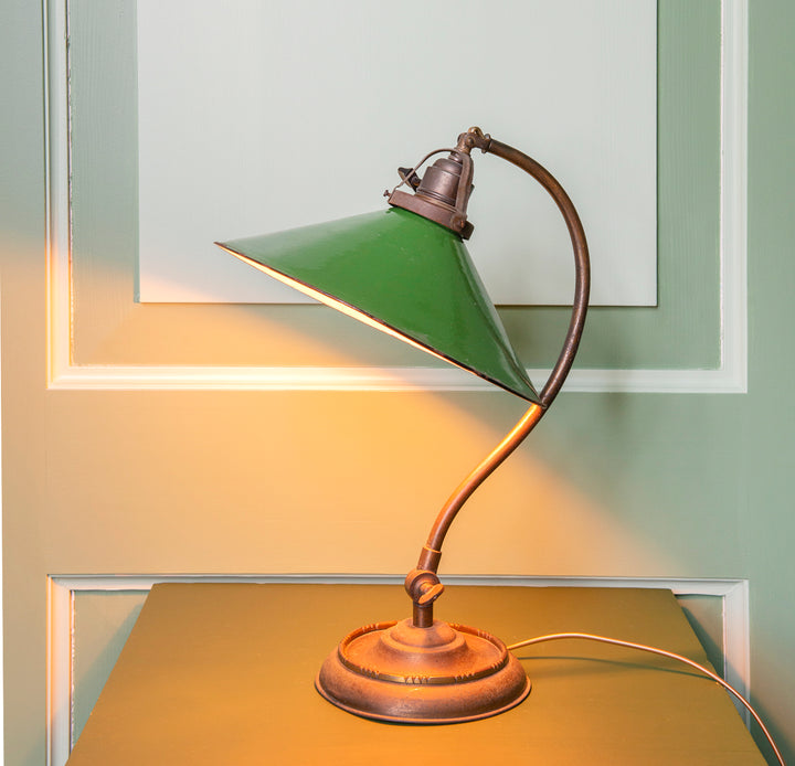 Antique Brass Table Lamp With Green Enamel Shade, 1920s