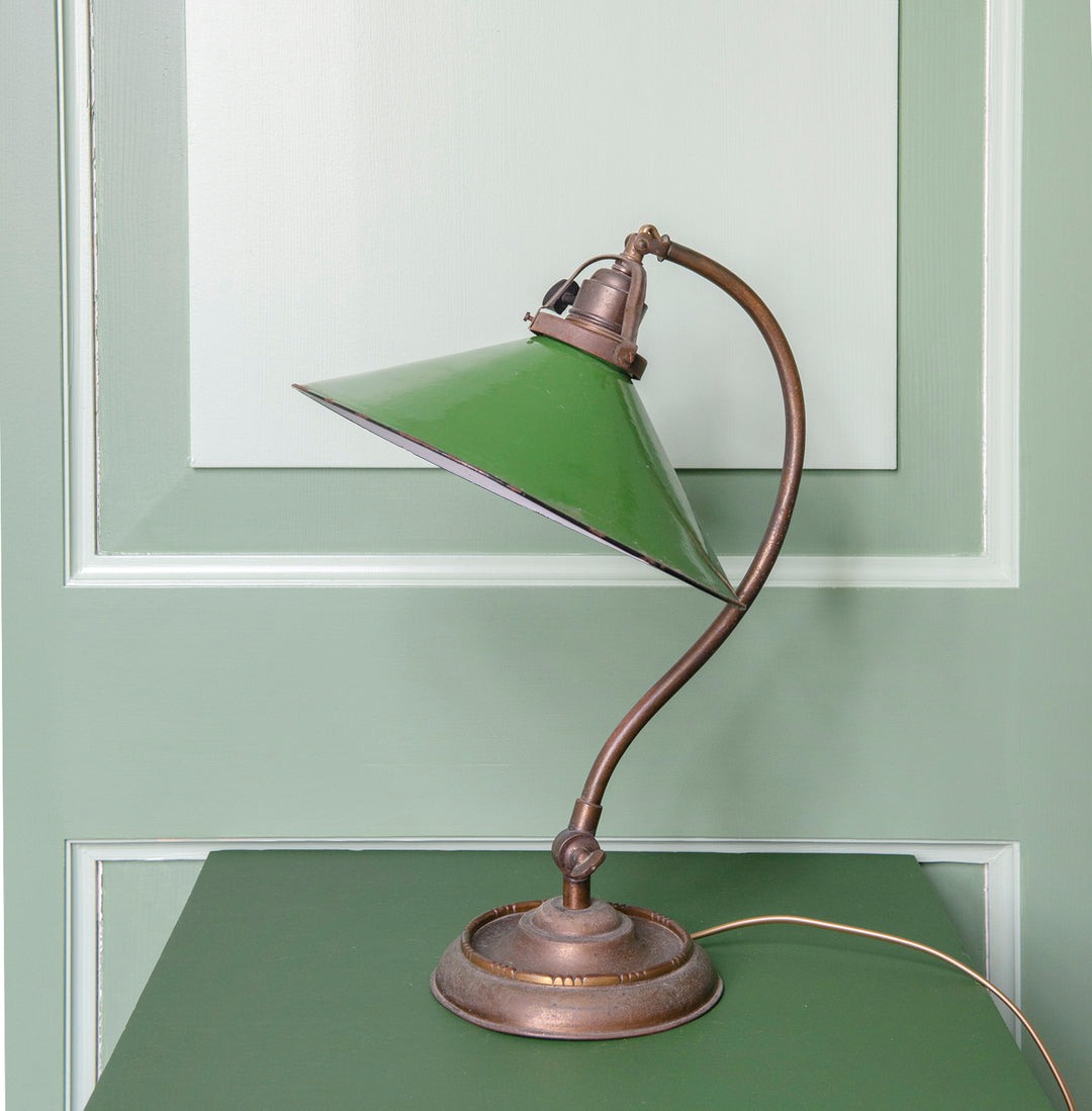 Antique Brass Table Lamp With Green Enamel Shade, 1920s