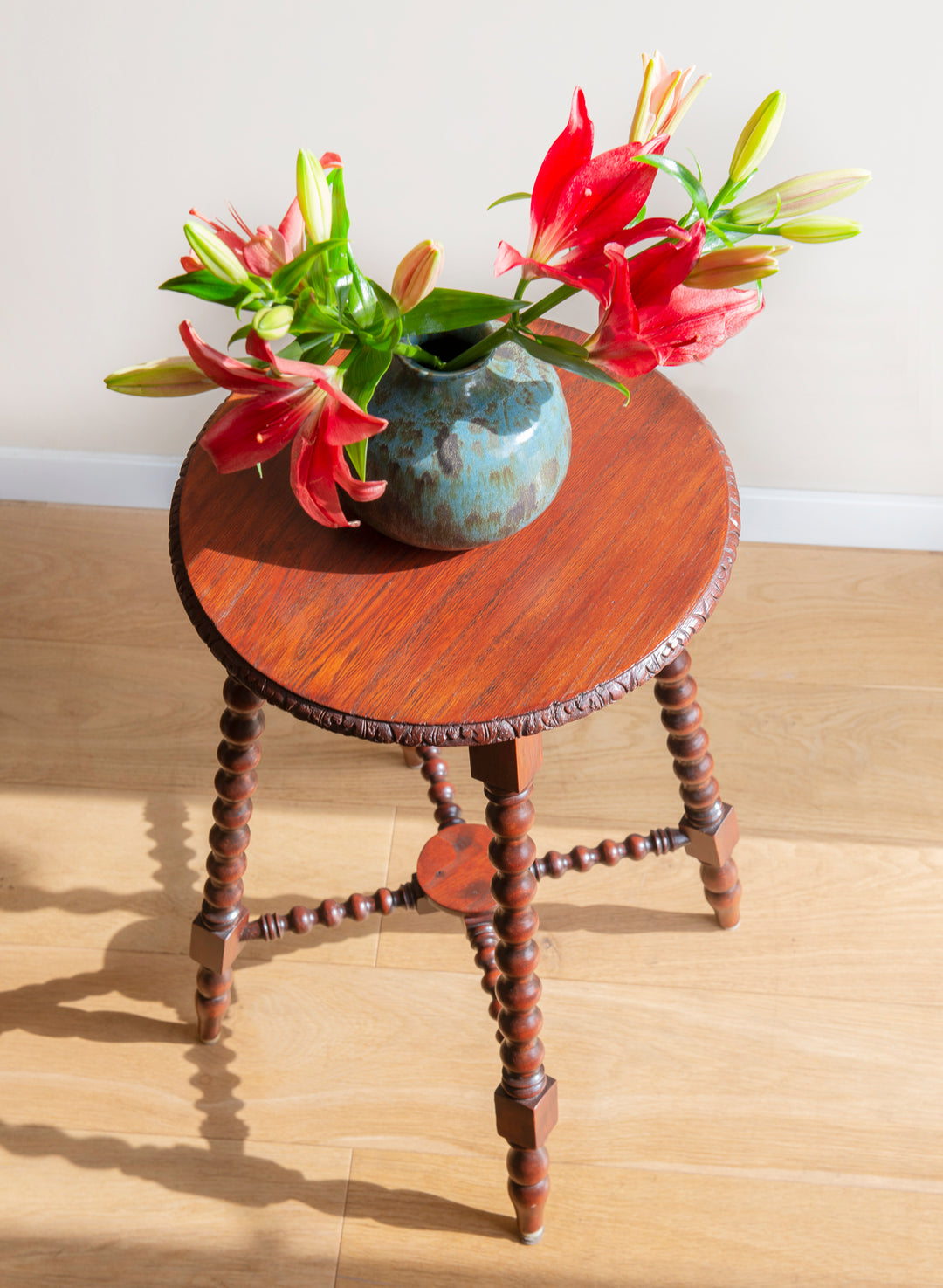 Large Antique Side Table With Carved Bobbin Legs