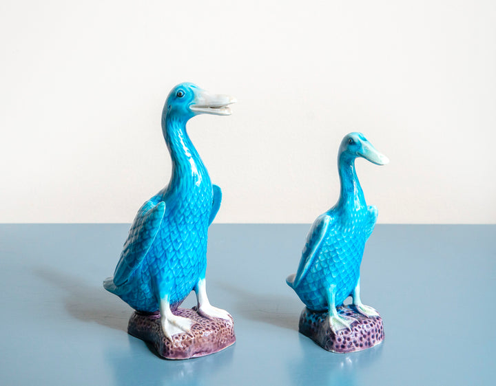 Set Of 2 Porcelain Blue Duck Statues, Chinese Pottery