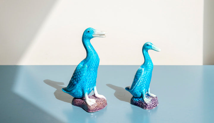 Set Of 2 Porcelain Blue Duck Statues, Chinese Pottery