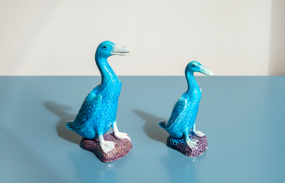 Set Of 2 Porcelain Blue Duck Statues, Chinese Pottery