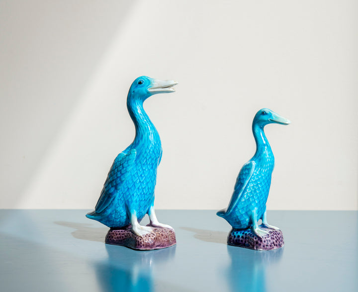 Set Of 2 Porcelain Blue Duck Statues, Chinese Pottery