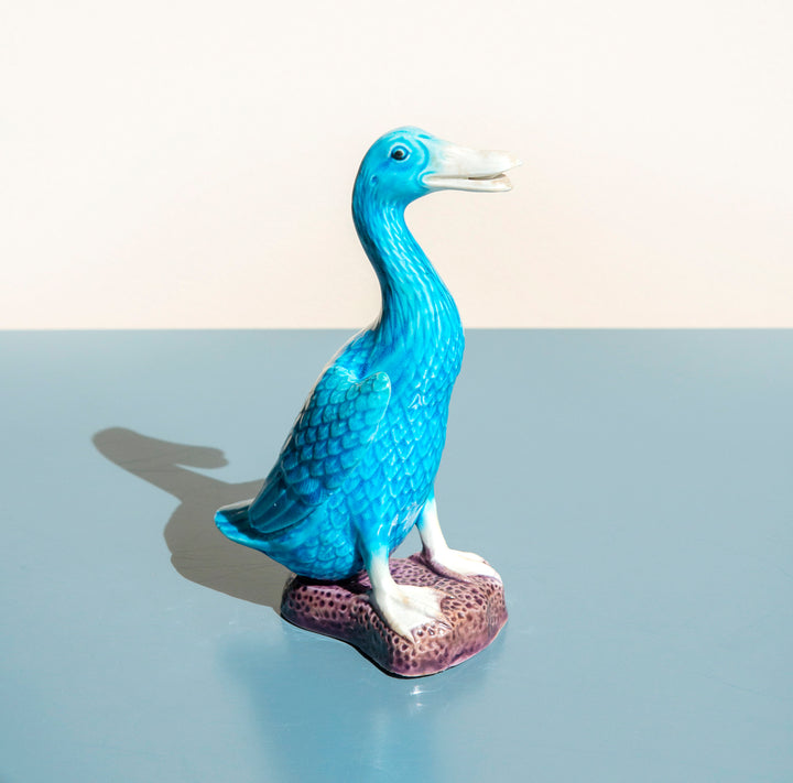 Set Of 2 Porcelain Blue Duck Statues, Chinese Pottery