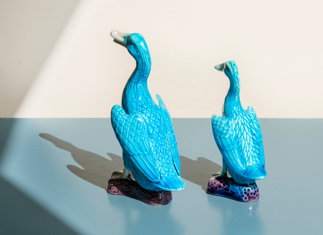 Set Of 2 Porcelain Blue Duck Statues, Chinese Pottery