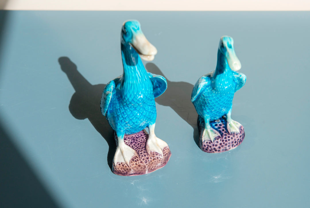 Set Of 2 Porcelain Blue Duck Statues, Chinese Pottery