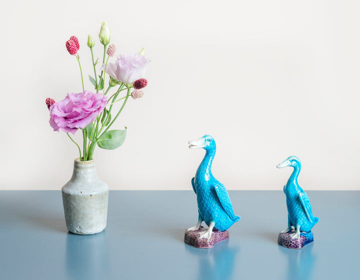 Set Of 2 Porcelain Blue Duck Statues, Chinese Pottery