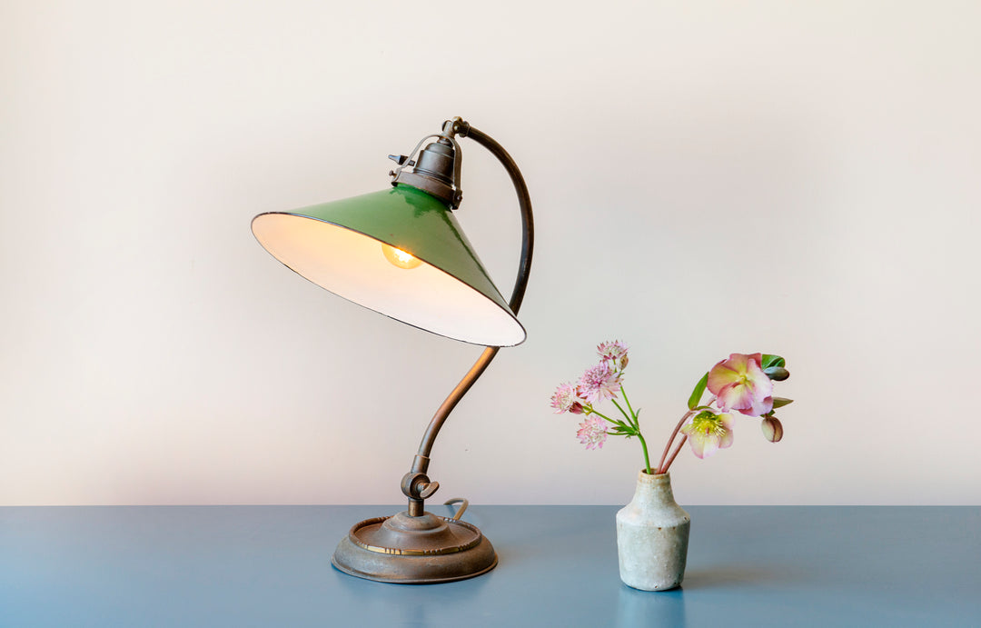 Antique Brass Table Lamp With Green Enamel Shade, 1920s