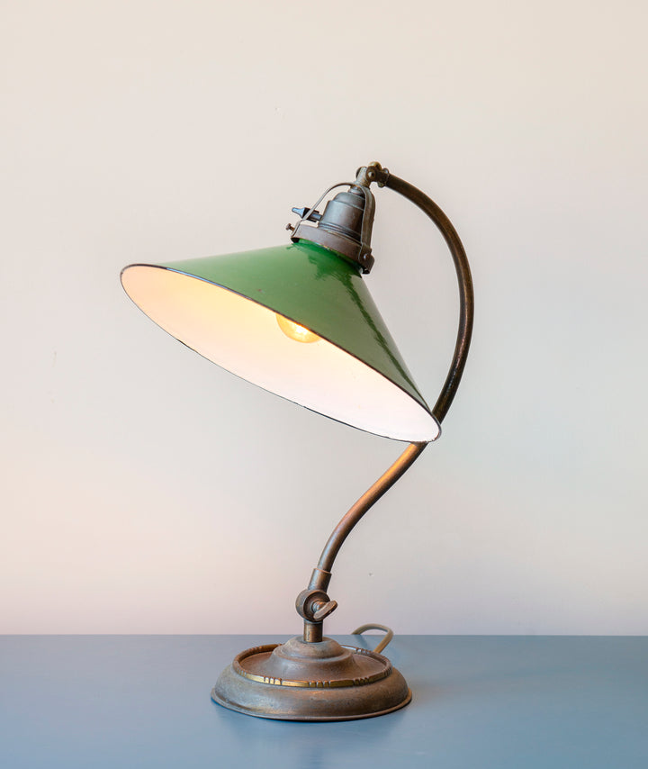 Antique Brass Table Lamp With Green Enamel Shade, 1920s