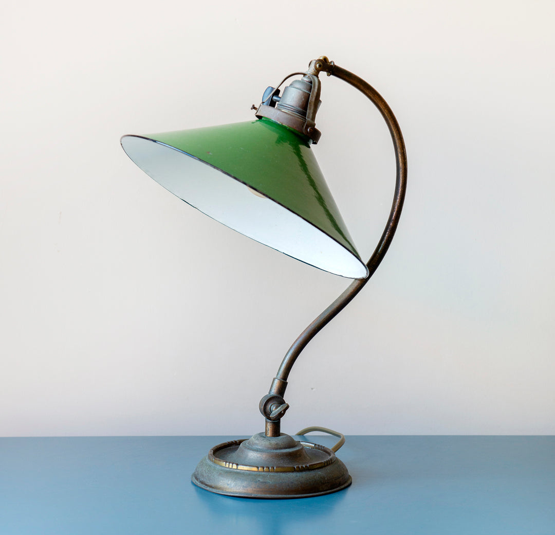 Antique Brass Table Lamp With Green Enamel Shade, 1920s