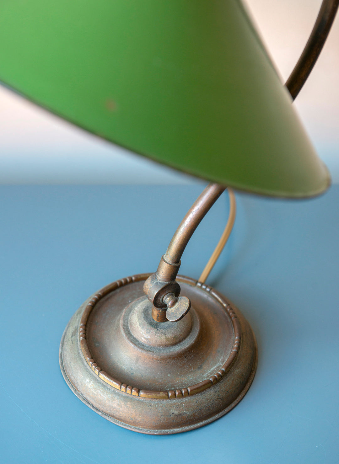 Antique Brass Table Lamp With Green Enamel Shade, 1920s