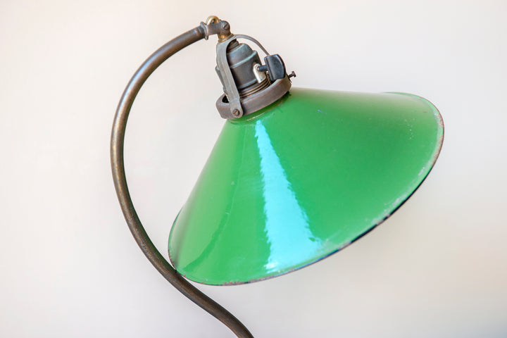 Antique Brass Table Lamp With Green Enamel Shade, 1920s