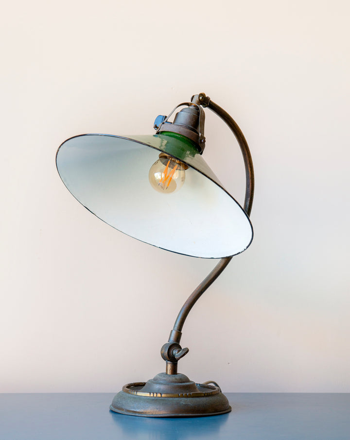 Antique Brass Table Lamp With Green Enamel Shade, 1920s