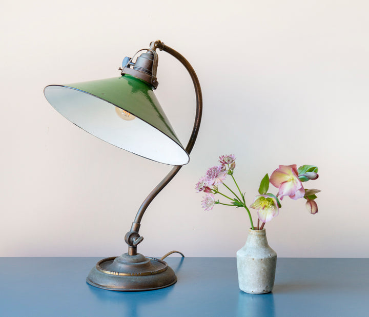 Antique Brass Table Lamp With Green Enamel Shade, 1920s