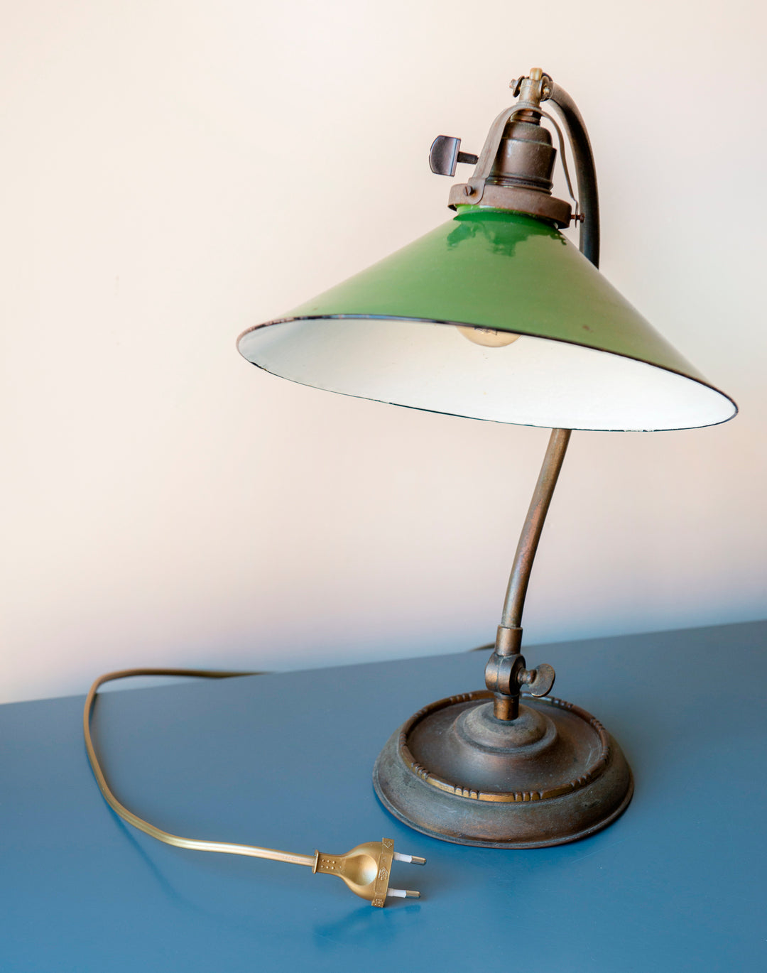 Antique Brass Table Lamp With Green Enamel Shade, 1920s