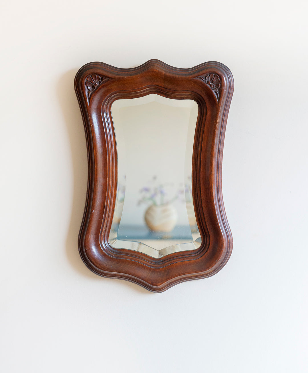 Mahogany Wooden Mirror With Scalloped Frame, Art Nouveau Style