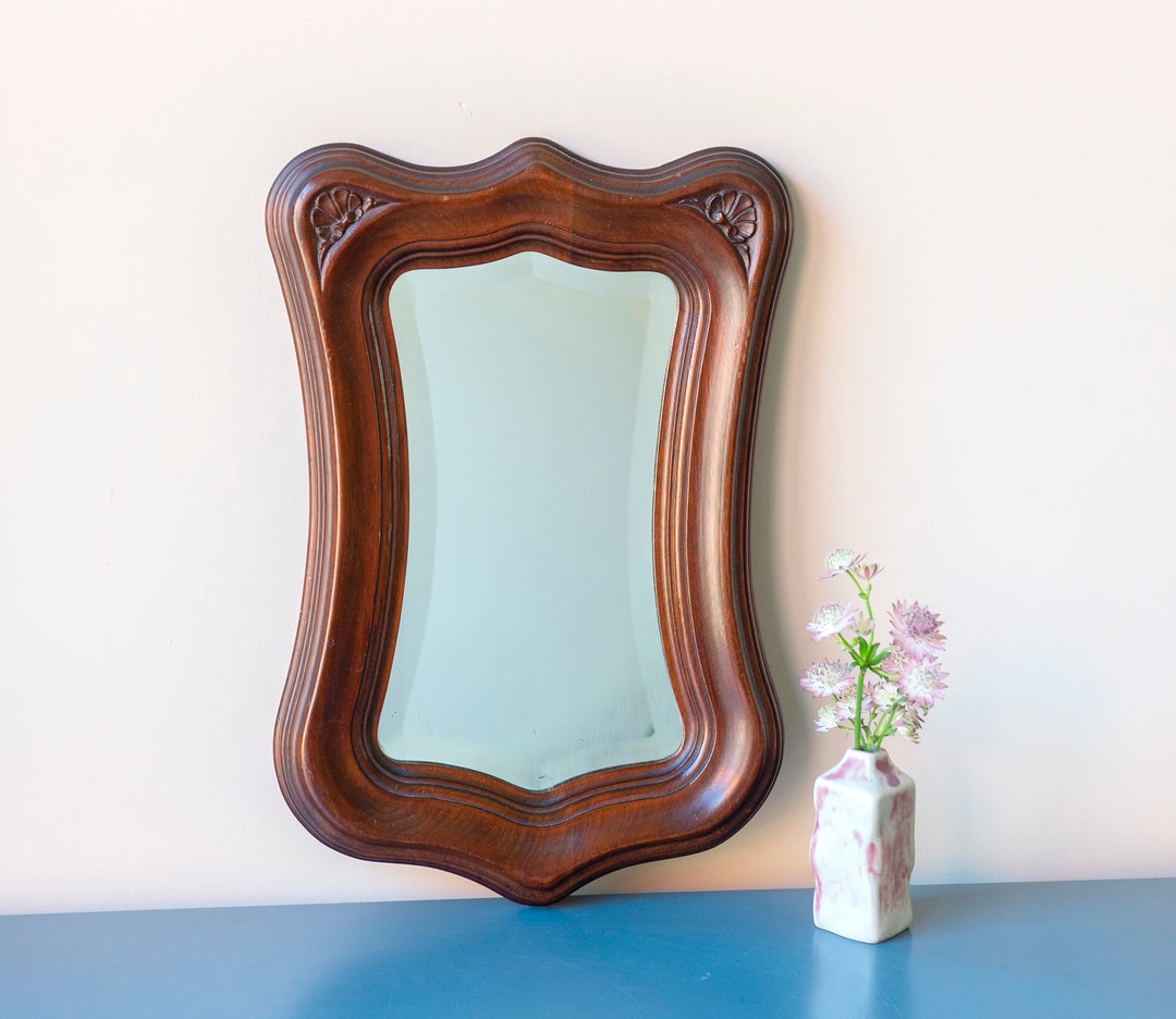 Mahogany Wooden Mirror With Scalloped Frame, Art Nouveau Style