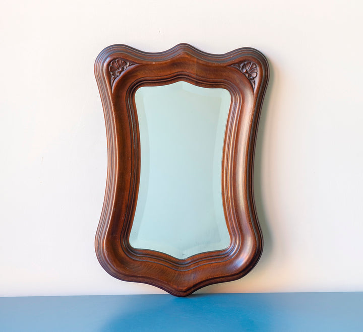 Mahogany Wooden Mirror With Scalloped Frame, Art Nouveau Style