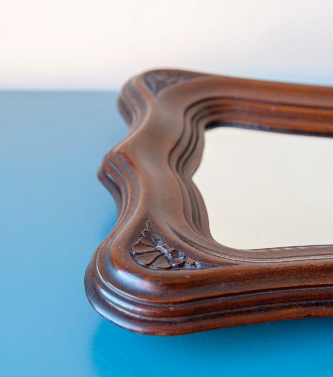 Mahogany Wooden Mirror With Scalloped Frame, Art Nouveau Style