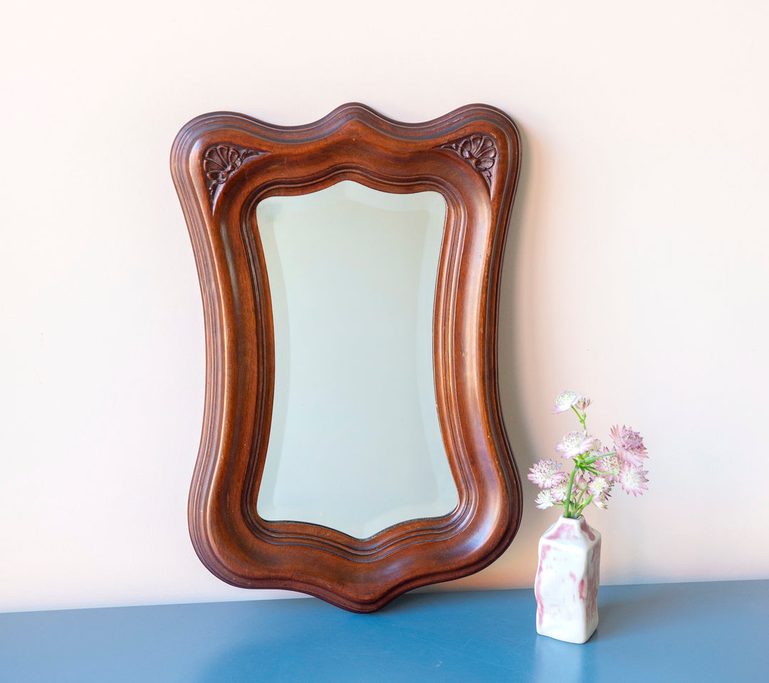 Mahogany Wooden Mirror With Scalloped Frame, Art Nouveau Style