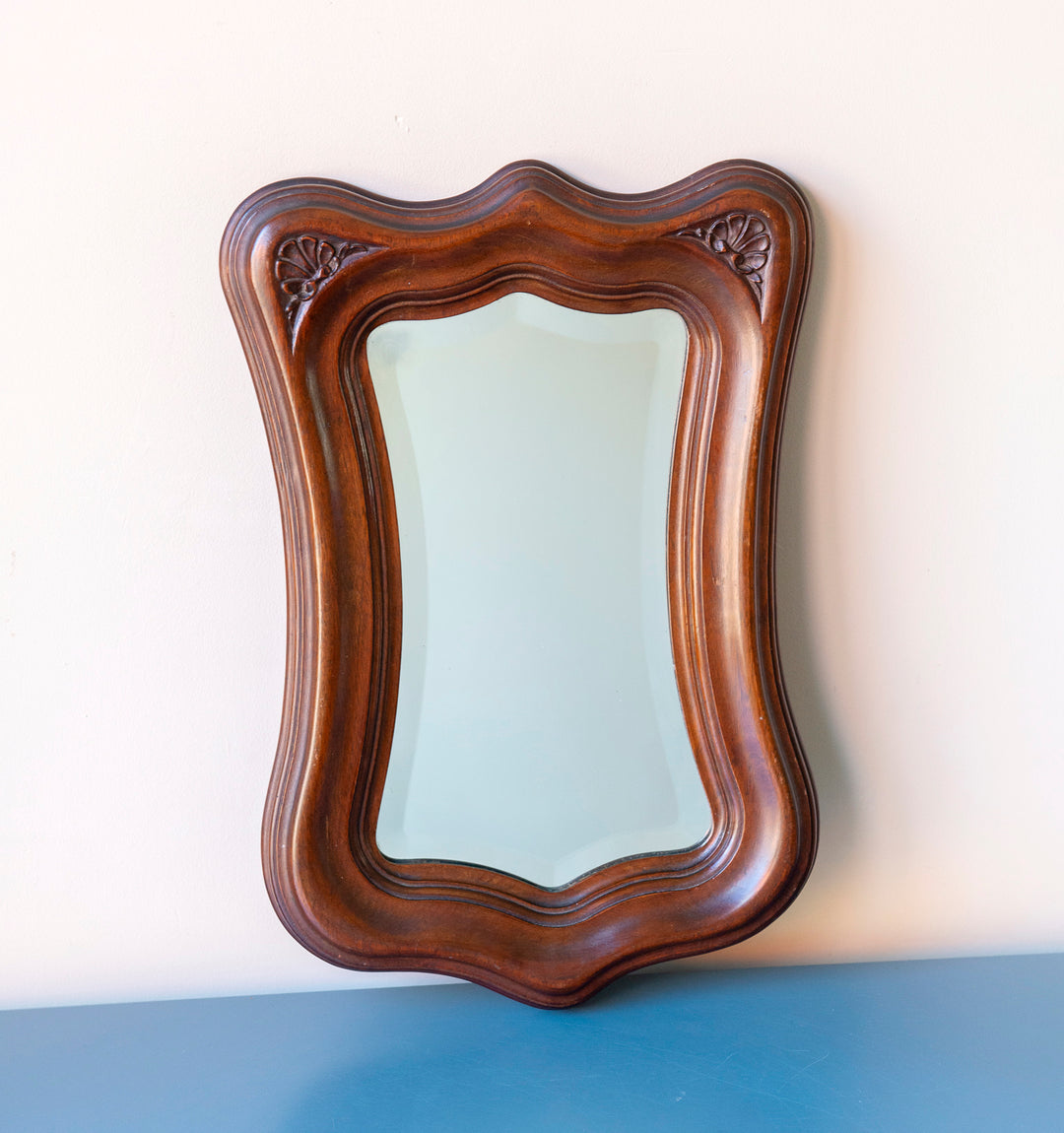 Mahogany Wooden Mirror With Scalloped Frame, Art Nouveau Style