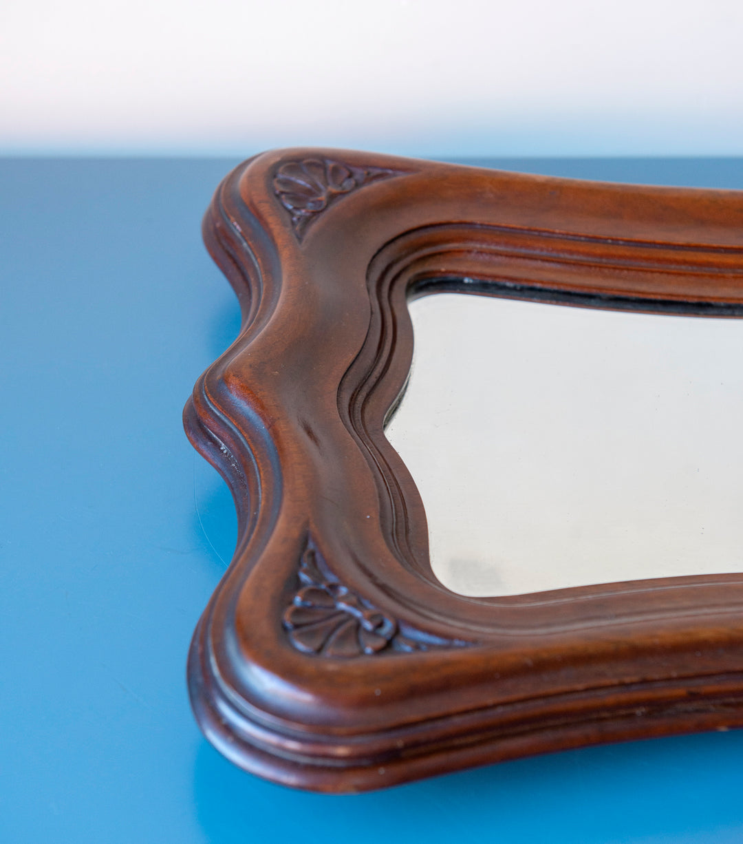 Mahogany Wooden Mirror With Scalloped Frame, Art Nouveau Style