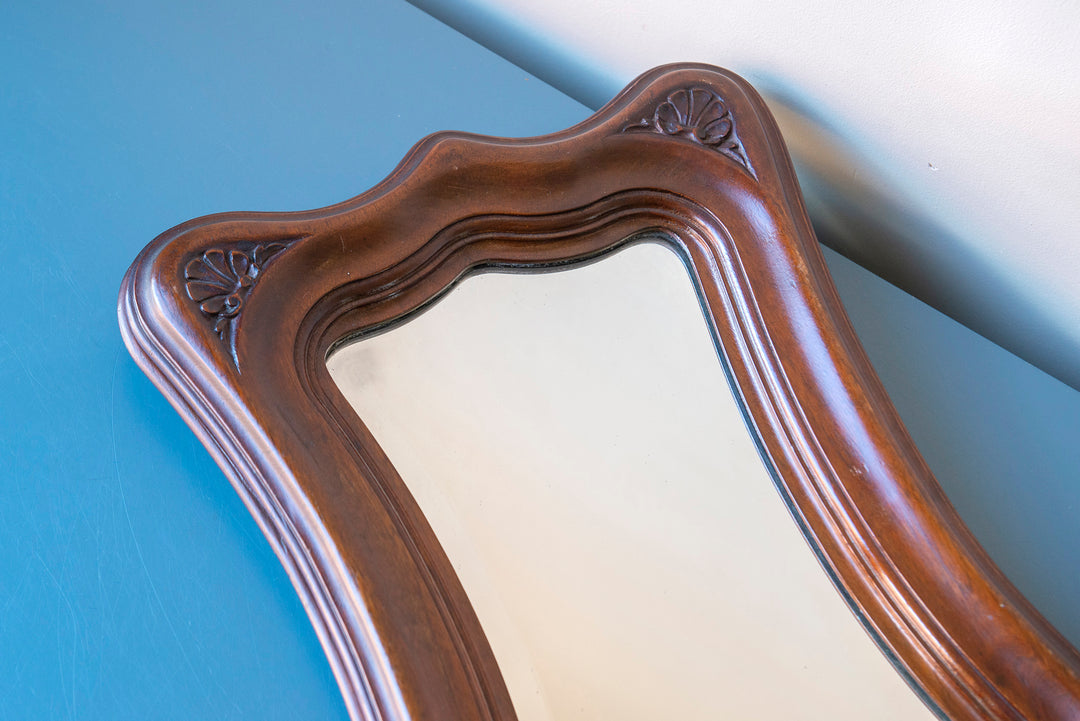 Mahogany Wooden Mirror With Scalloped Frame, Art Nouveau Style