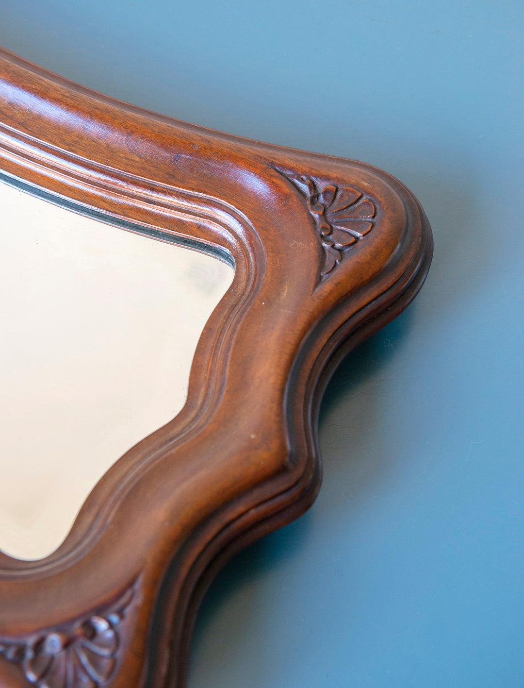 Mahogany Wooden Mirror With Scalloped Frame, Art Nouveau Style