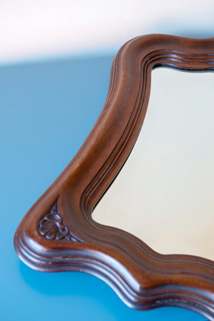 Mahogany Wooden Mirror With Scalloped Frame, Art Nouveau Style