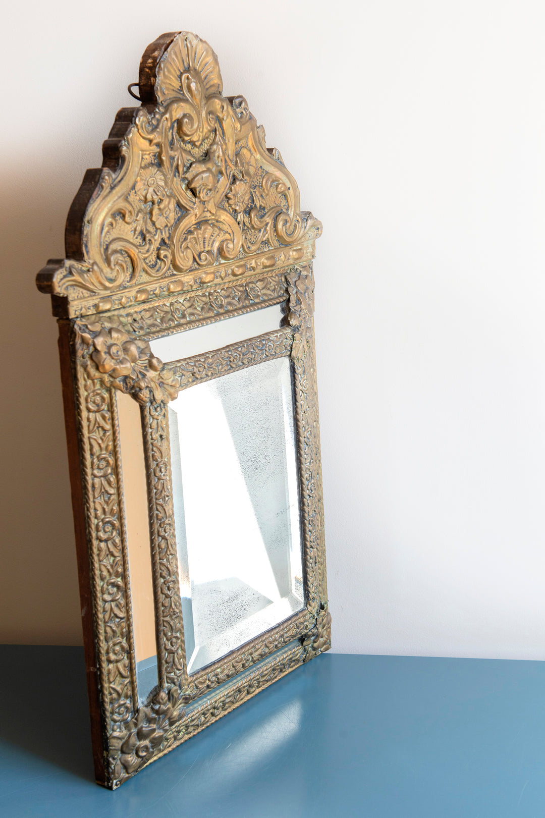 Copper Cushion Mirror With Beveled Glass, 1920s