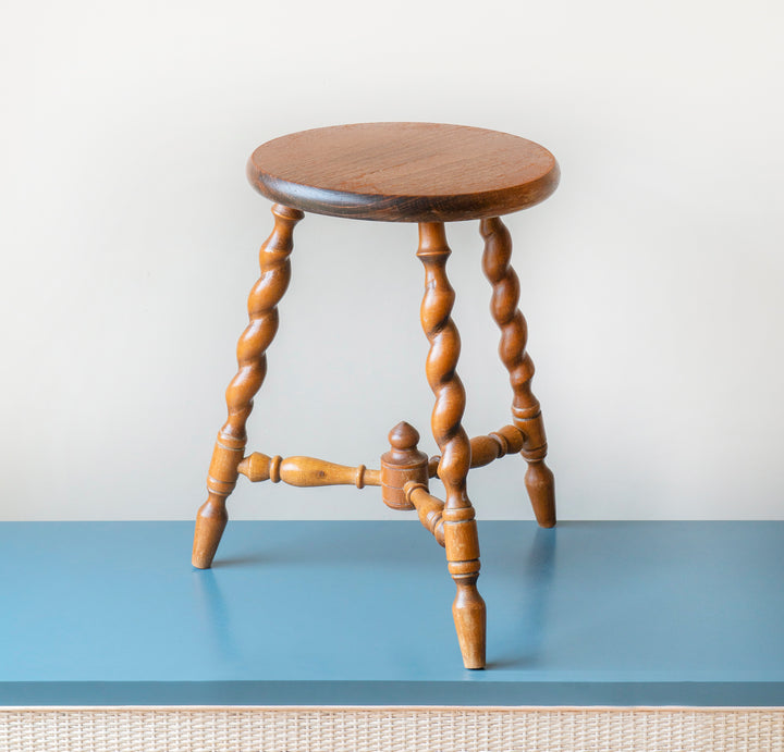 Antique Oak Tripod Stool, Barley Twist