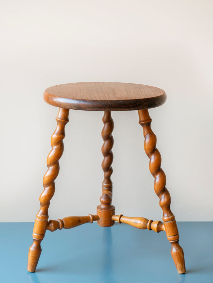 Antique Oak Tripod Stool, Barley Twist