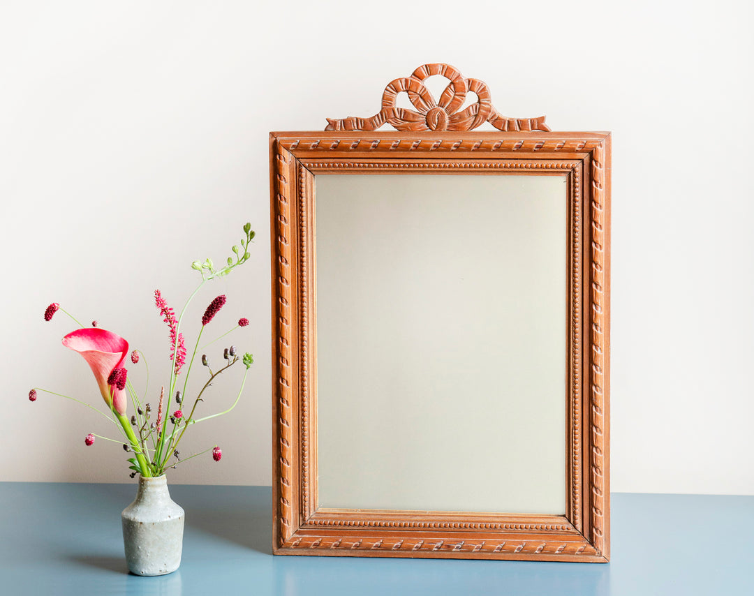 Hand Carved French Wooden Mirror With Bow