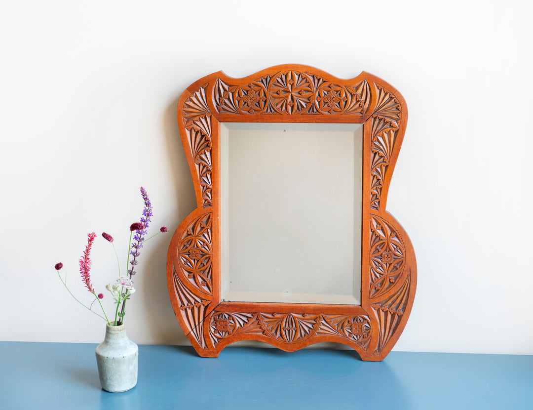 Antique Dutch Hand Carved Wooden Mirror, Folk Art