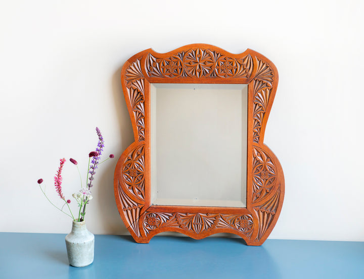 Antique Dutch Hand Carved Wooden Mirror, Folk Art