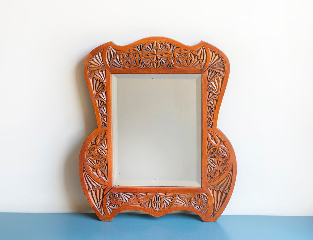 Antique Dutch Hand Carved Wooden Mirror, Folk Art