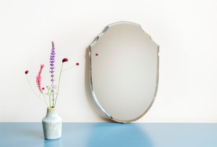 Frameless Shield Mirror With Beveled Glass, 1950s