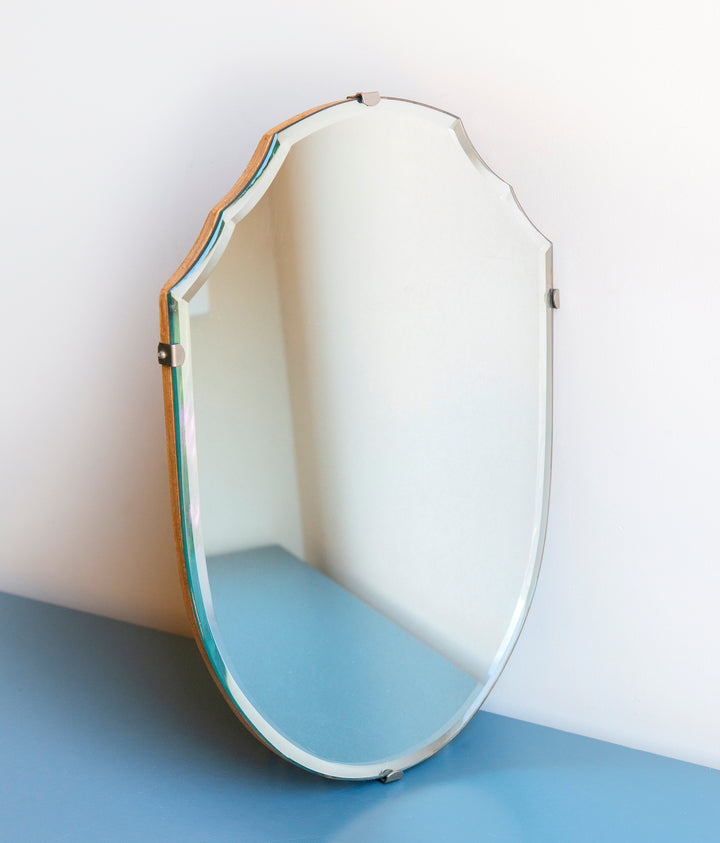 Frameless Shield Mirror With Beveled Glass, 1950s