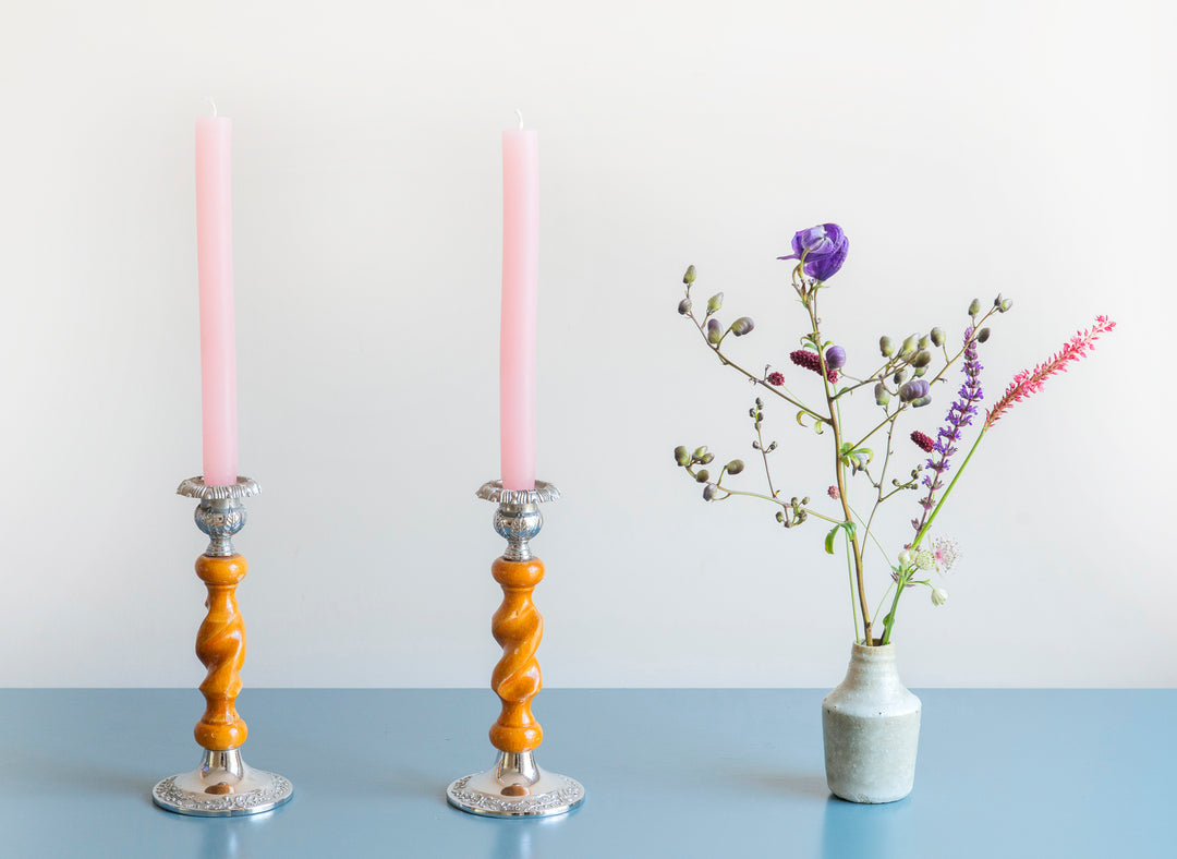 Victorian Carved Wooden Candle Holders, Barley Twist