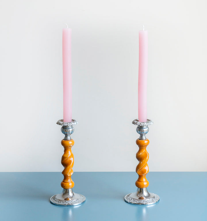 Victorian Carved Wooden Candle Holders, Barley Twist