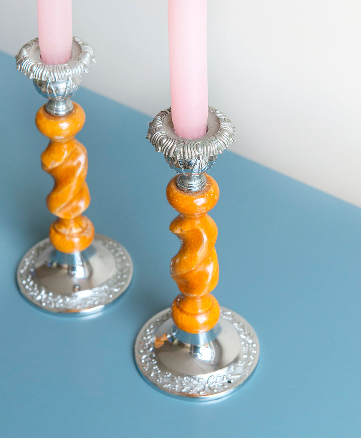 Victorian Carved Wooden Candle Holders, Barley Twist