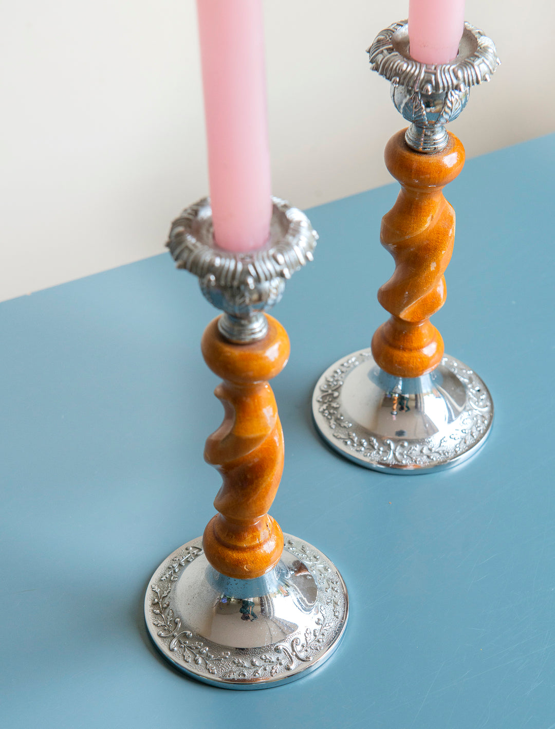 Victorian Carved Wooden Candle Holders, Barley Twist