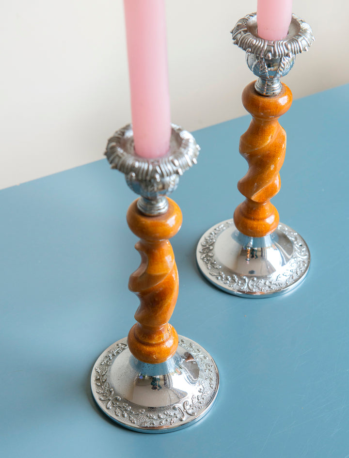 Victorian Carved Wooden Candle Holders, Barley Twist