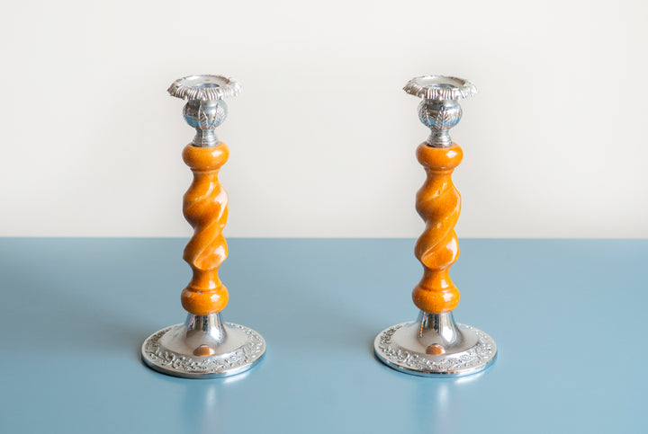 Victorian Carved Wooden Candle Holders, Barley Twist