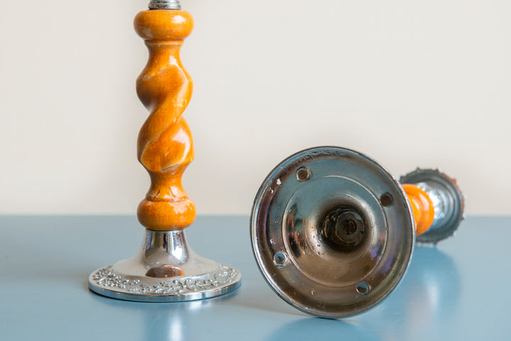 Victorian Carved Wooden Candle Holders, Barley Twist