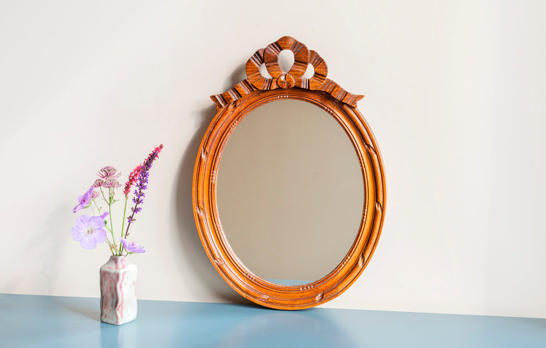 French Oval Wooden Mirror With Hand Carved Bow, 1960s