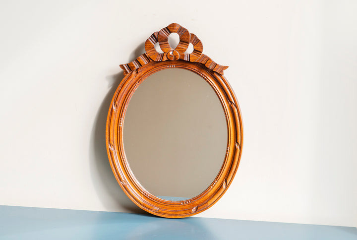 French Oval Wooden Mirror With Hand Carved Bow, 1960s