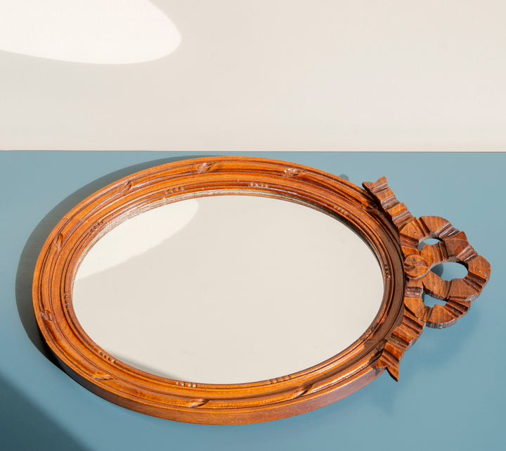 French Oval Wooden Mirror With Hand Carved Bow, 1960s