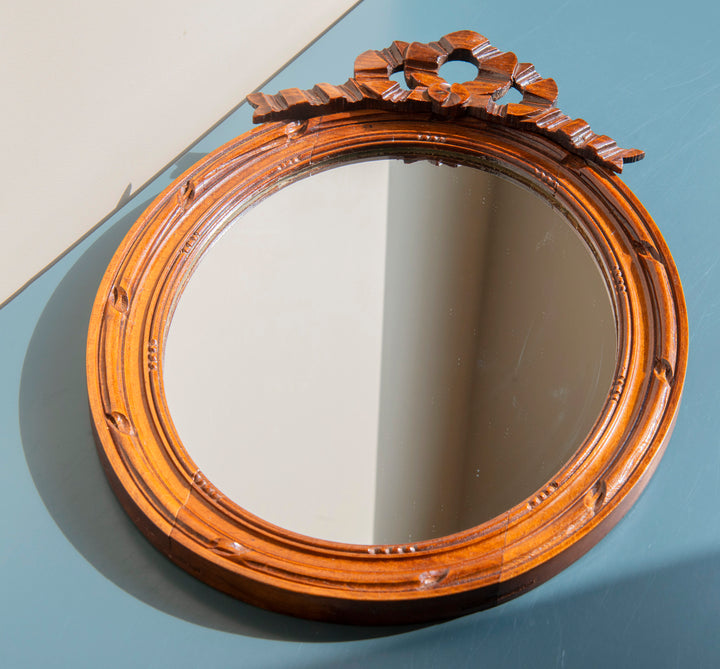 French Oval Wooden Mirror With Hand Carved Bow, 1960s